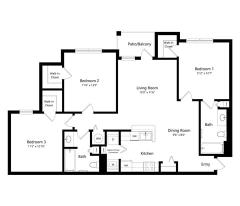 Floor plan for 3 beds, 2 baths, 1235 sqft